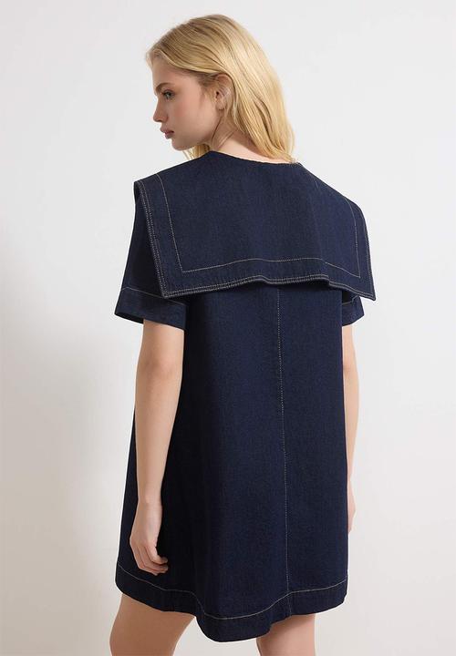 Trendyol - Peter Pan Collar Cotton Mini Denim Dress - Blue