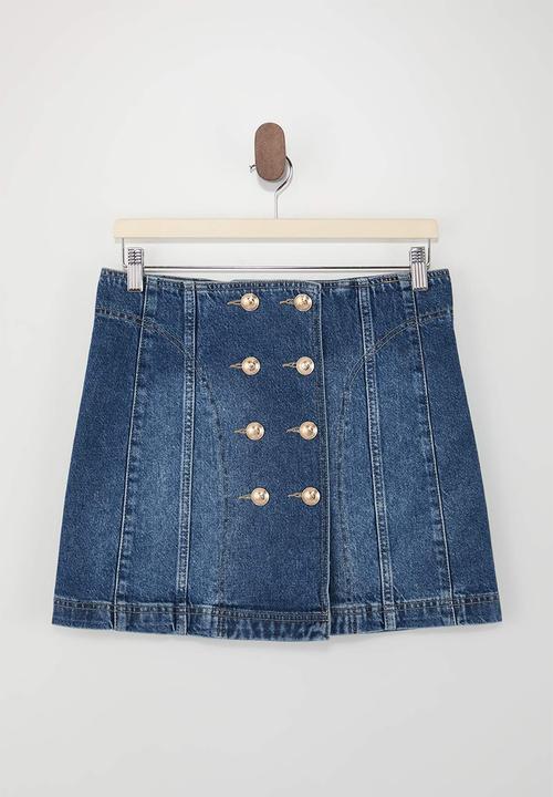 Trendyol - Limited Edition Button Detail Stretch Mini Denim Skirt - Blue