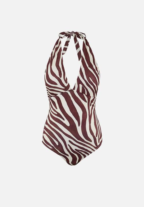 Trendyol - Zebra patterned deep v-neck swimsuit - brown