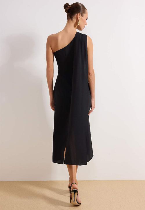 Trendyol - Bodycon Crepe Midi Dress with Shawl and Accessory Detail - Black