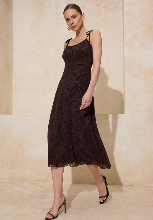Trendyol - Floral Ruched Midi Tulle Knit Dress - Brown