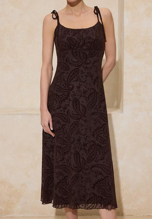 Trendyol - Floral Ruched Midi Tulle Knit Dress - Brown