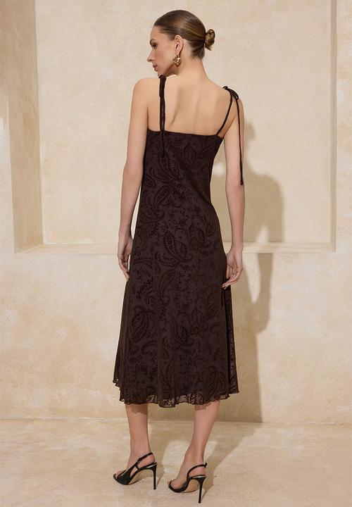 Trendyol - Floral Ruched Midi Tulle Knit Dress - Brown