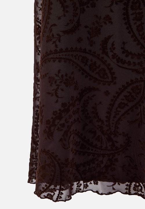 Trendyol - Floral Ruched Midi Tulle Knit Dress - Brown