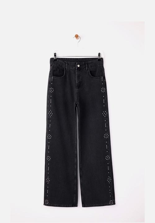 Trendyol - High-Waist Cotton Wide-Leg Jeans with Stone Detail - Black