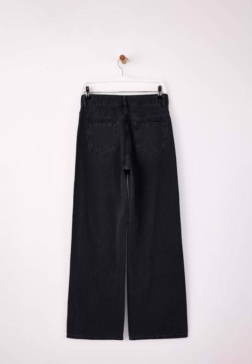 Trendyol - High-Waist Cotton Wide-Leg Jeans with Stone Detail - Black