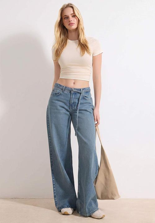 Trendyol - Belted High-Waist Wide-Leg Cotton Jeans - Blue