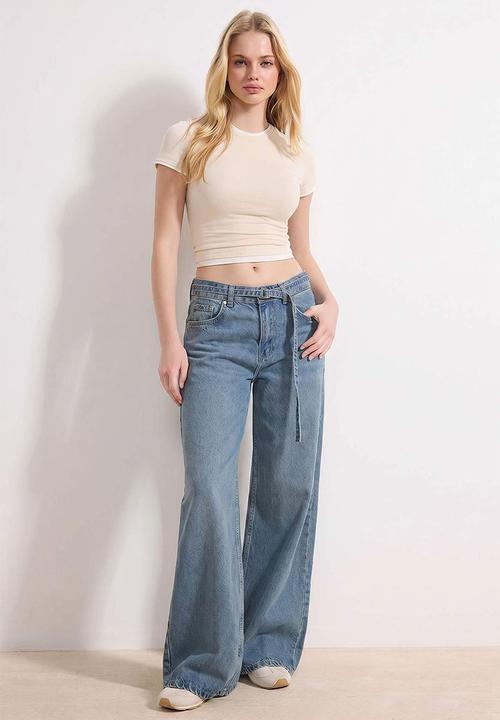 Trendyol - Belted High-Waist Wide-Leg Cotton Jeans - Blue