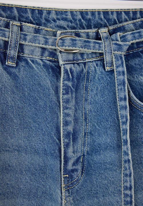 Trendyol - Belted High-Waist Wide-Leg Cotton Jeans - Blue