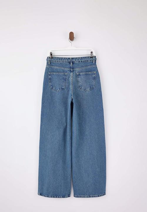 Trendyol - Belted High-Waist Wide-Leg Cotton Jeans - Blue