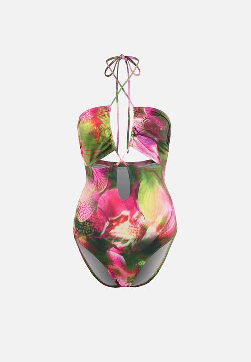 Trendyol - Floral print swimsuit - pink & green