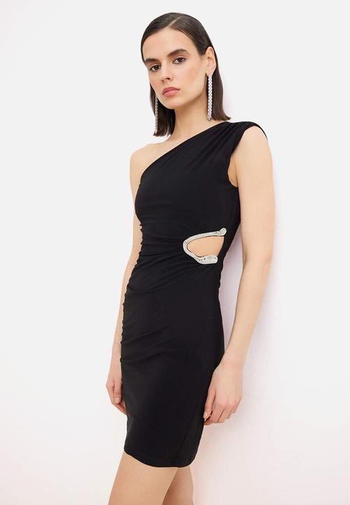Trendyol - Asymmetric Collar Bodycon Mini Knit Dress - Black