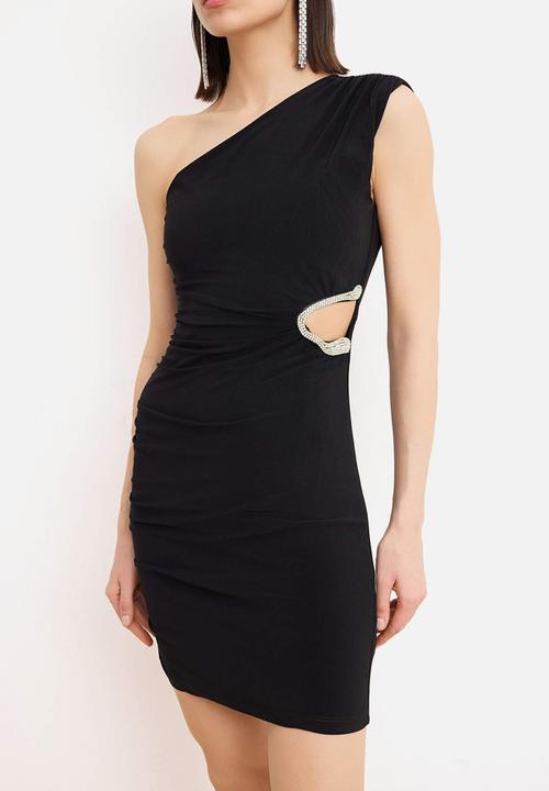 Trendyol - Asymmetric Collar Bodycon Mini Knit Dress - Black