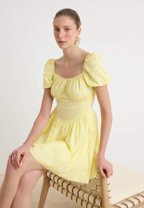 Trendyol - Square Neck Cut-Out Skater Mini Dress - Light Yellow