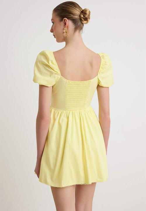 Trendyol - Square Neck Cut-Out Skater Mini Dress - Light Yellow