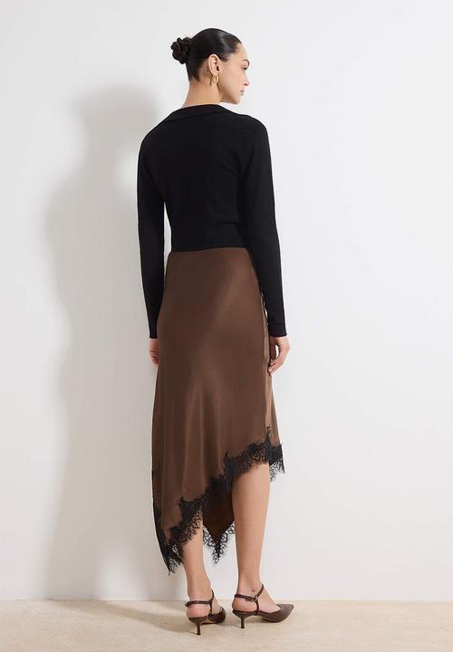 Trendyol - Asymmetric Lace Detail Satin Midi Skirt - Dark Brown