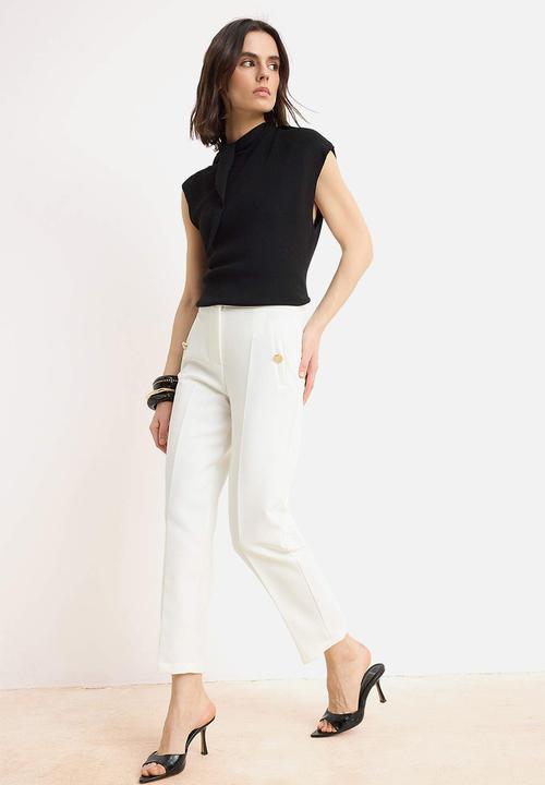 Trendyol - Special Collection Elasticated Waist Trousers with Button Detail - White