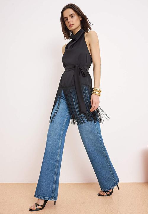 Trendyol - Degaje Collar Satin Blouse with Tassel Detail - Black
