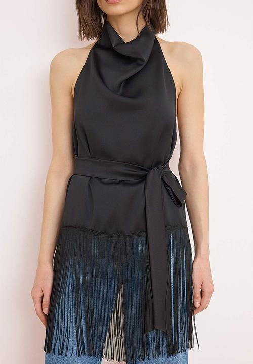 Trendyol - Degaje Collar Satin Blouse with Tassel Detail - Black