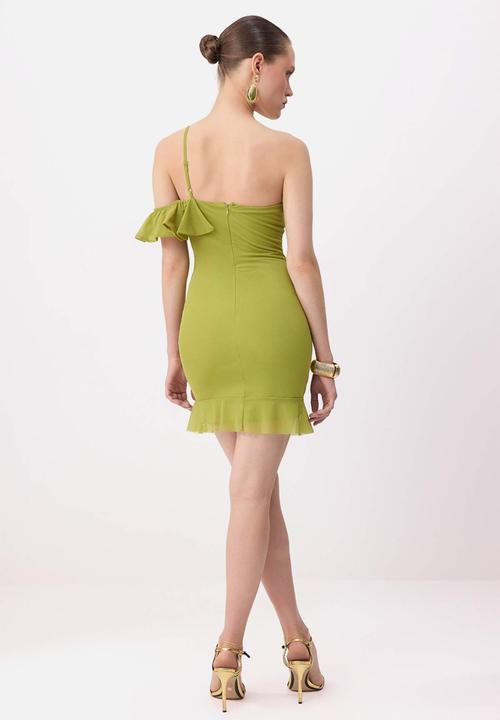 Trendyol - Asymmetric Neckline Bodycon Mini Knit Dress - Pistachio Green