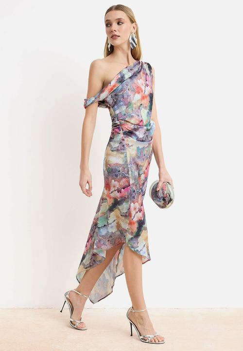 Trendyol - Abstract Print Asymmetric Neck Maxi Dress - Multicolour