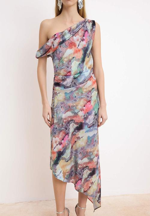Trendyol - Abstract Print Asymmetric Neck Maxi Dress - Multicolour