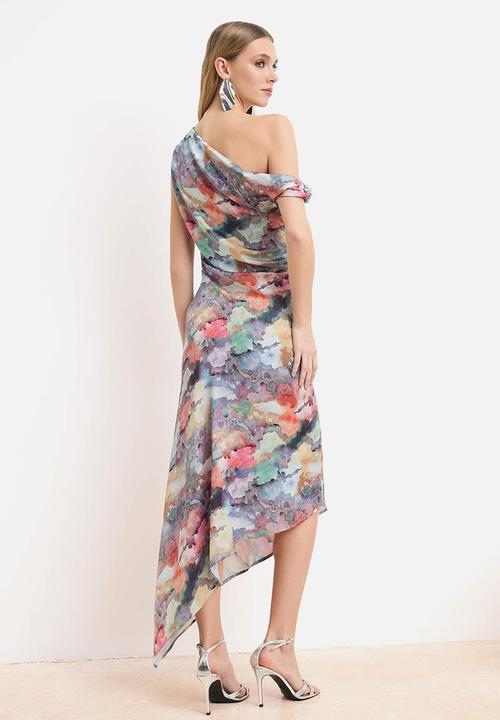 Trendyol - Abstract Print Asymmetric Neck Maxi Dress - Multicolour