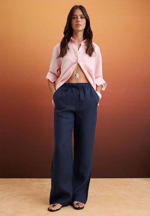 Trendyol - High-Waist Wide-Leg Linen Trousers - Navy Blue