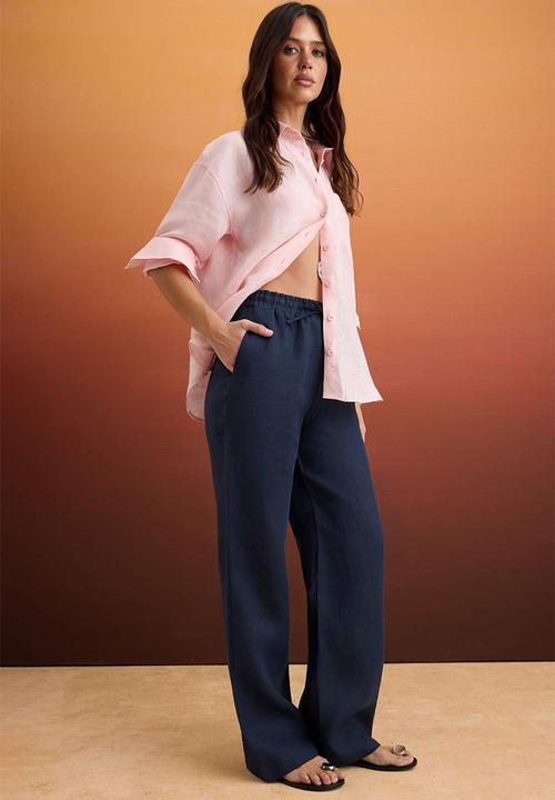 Trendyol - High-Waist Wide-Leg Linen Trousers - Navy Blue