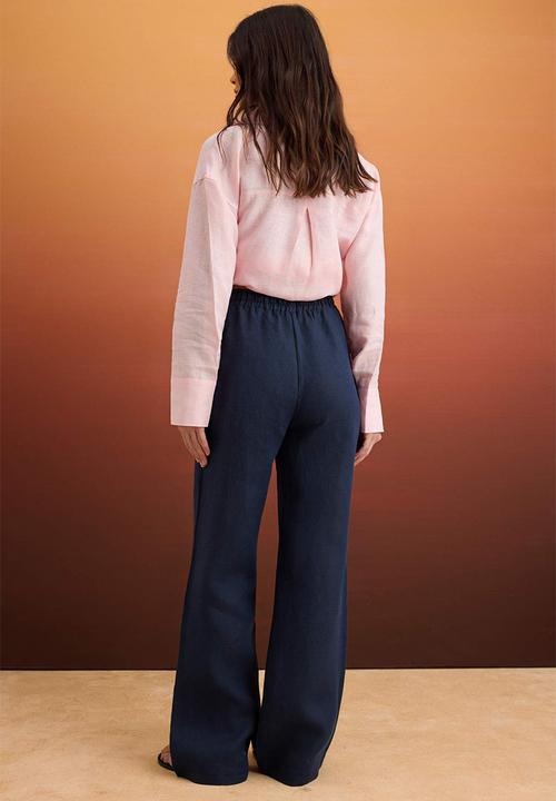 Trendyol - High-Waist Wide-Leg Linen Trousers - Navy Blue