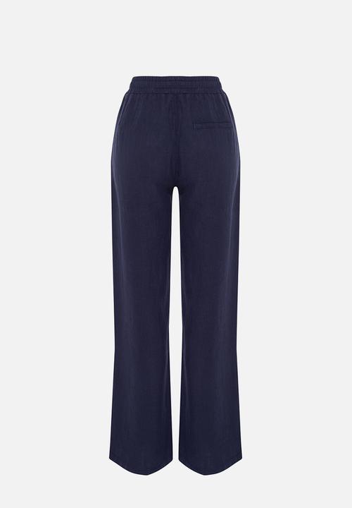 Trendyol - High-Waist Wide-Leg Linen Trousers - Navy Blue