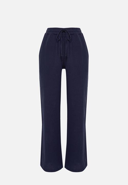 Trendyol - High-Waist Wide-Leg Linen Trousers - Navy Blue