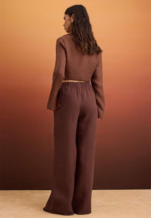 Trendyol - High-Waist Elasticated Linen Trousers - Brown