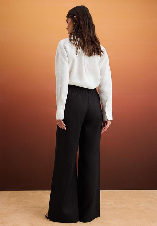 Trendyol - High-Waist Elasticated Linen Trousers - Black