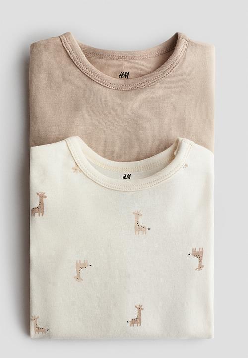 H&M - 2-pack long-sleeved bodysuits - beige/giraffes