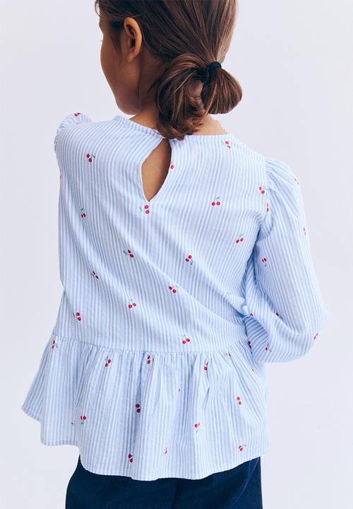 H&M - Seersucker peplum blouse - blue/cherries