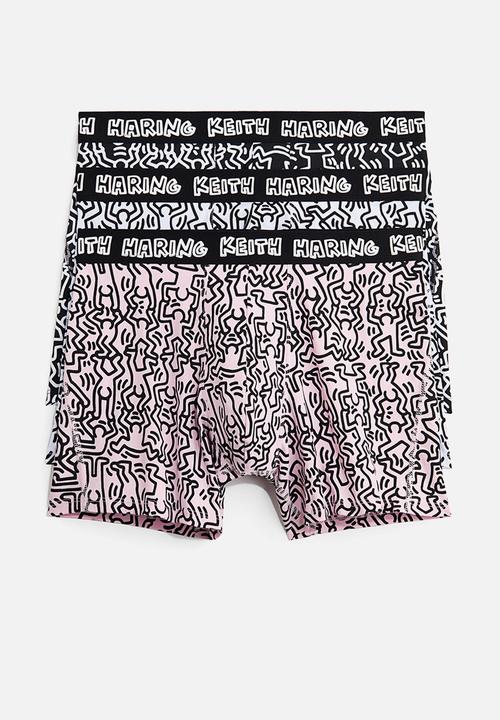 H&M - 3-pack print-motif cotton trunks - black/keith haring
