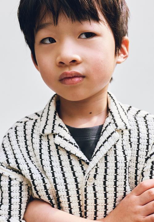 H&M - Pointelle-knit resort shirt - light beige/striped