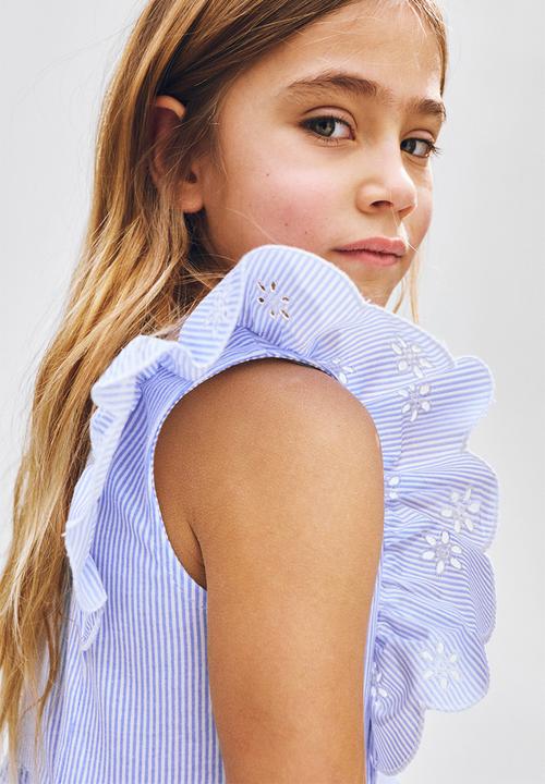 H&M - Flounce-trimmed cotton dress - light blue/striped