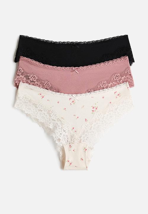 3-Pack cotton and lace hipster briefs - dusty pink/cream floral