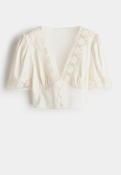 H&M - Cropped lace-trimmed top - white