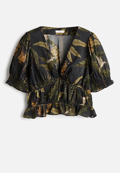 H&M - Viscose-blend gathered top - black/plants
