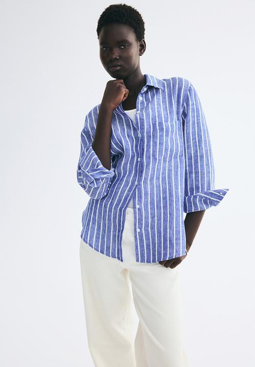 H&M - Linen shirt - dark dusty blue/striped