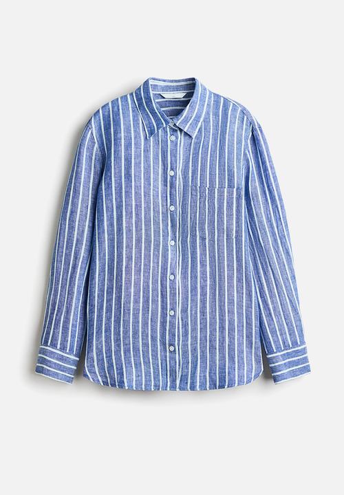 H&M - Linen shirt - dark dusty blue/striped