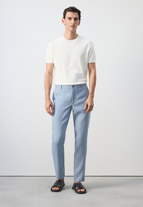 MANGO - Oyster Slim-fit 100% linen trousers- Sky-Blue