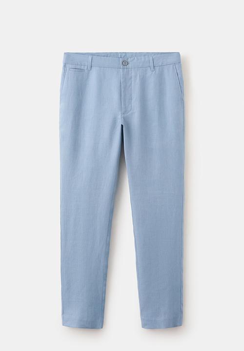 MANGO - Oyster Slim-fit 100% linen trousers- Sky-Blue