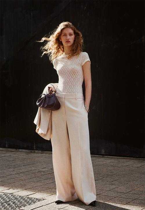 H&M - Wide linen-blend trousers - light beige