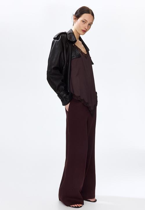H&M - Wide linen-blend trousers - burgundy