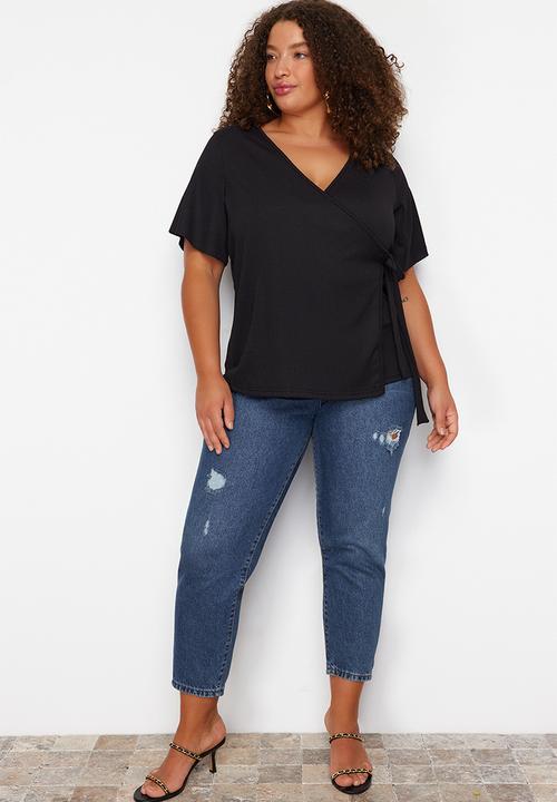 Trendyol - Plus double-breasted tie-detail knit blouse - black