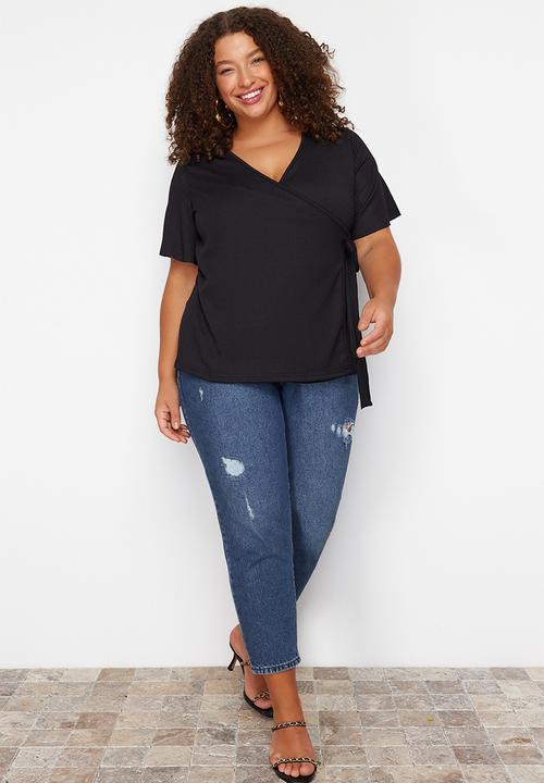 Trendyol - Plus double-breasted tie-detail knit blouse - black
